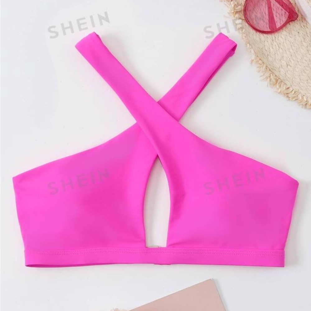 Hot pink cross front bikini top
